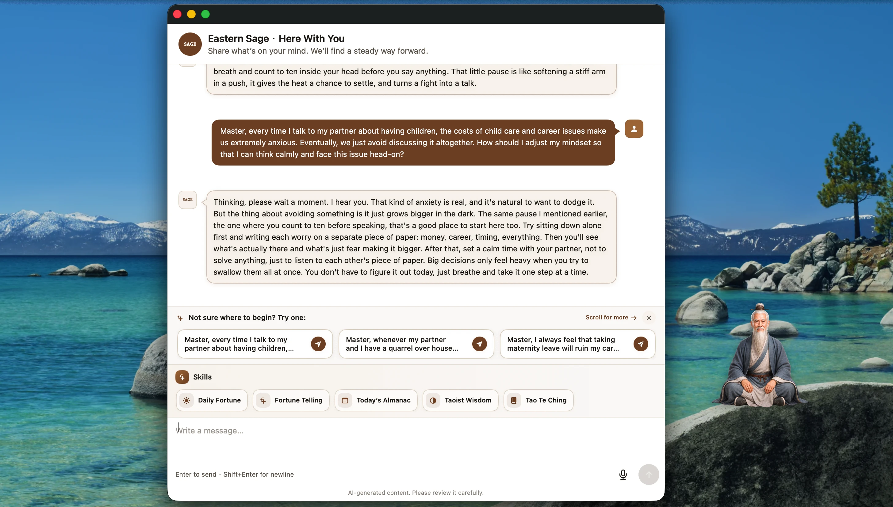 Eastern Sage 1.0.5 conversation window on a Mac, with text conversation, skill shortcuts, and suggested prompts