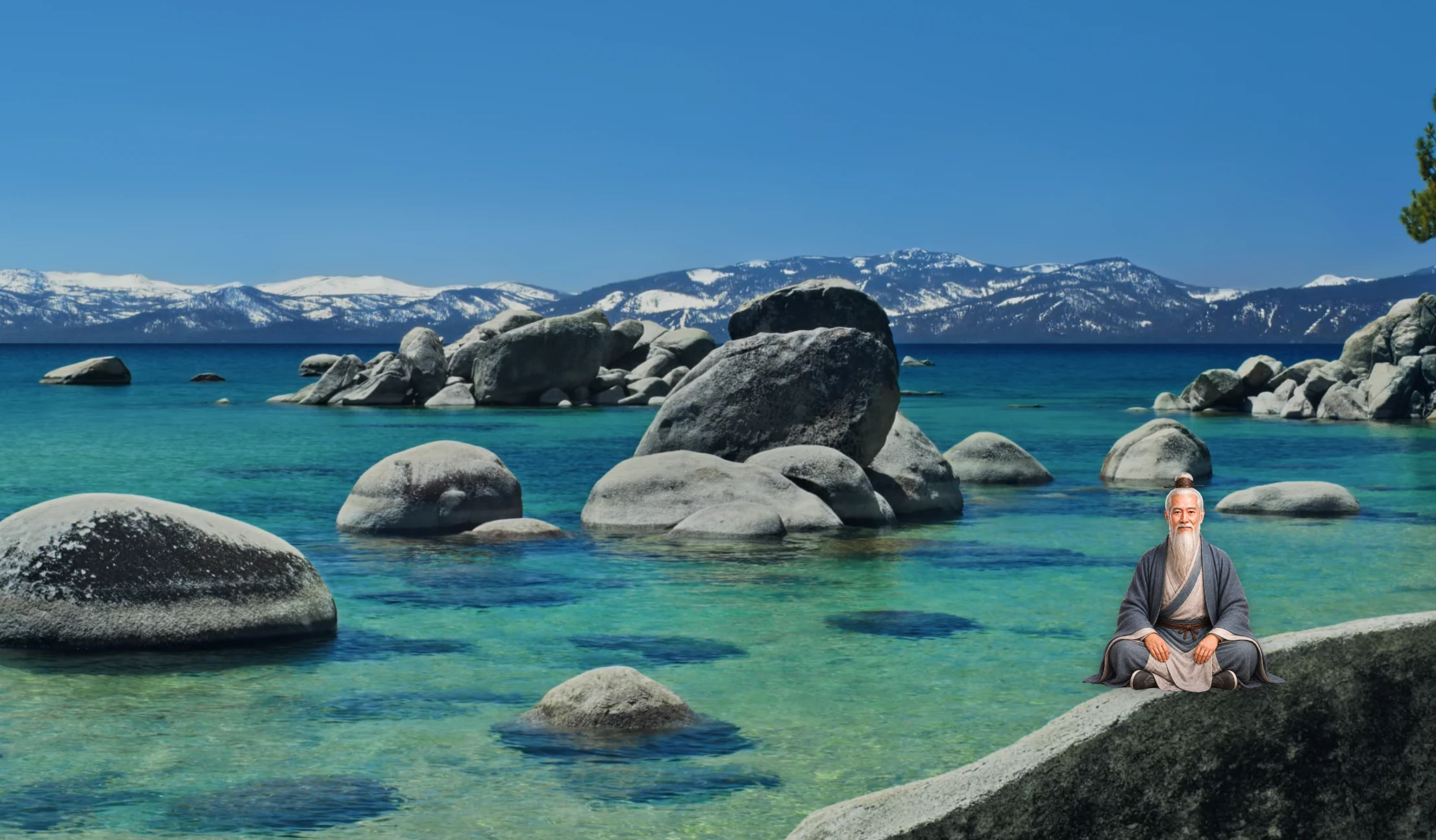 东方智者安静地坐在湖景 Mac 桌面右下角